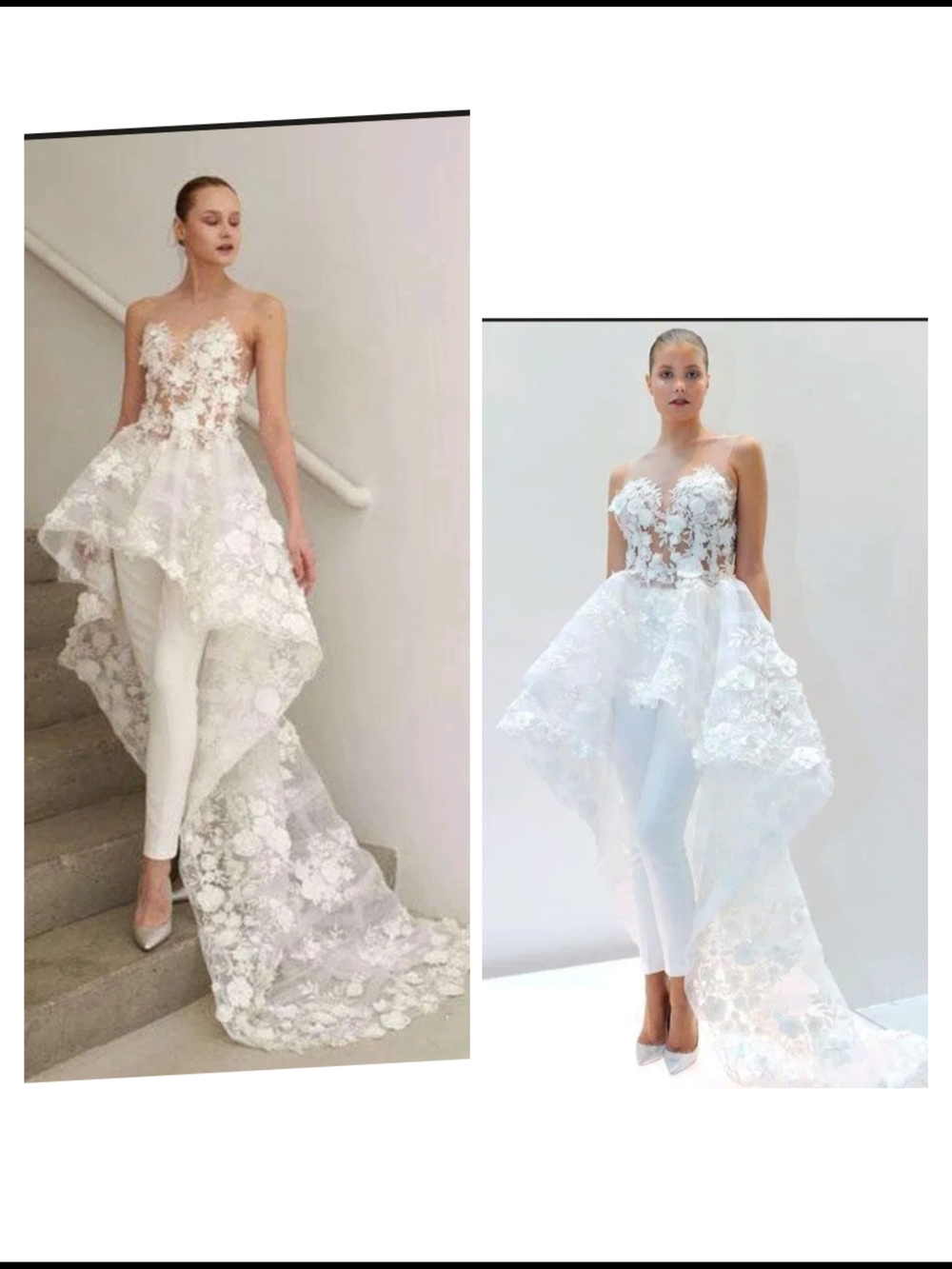 Strapless White Lace Peplum Gown with Trousers
